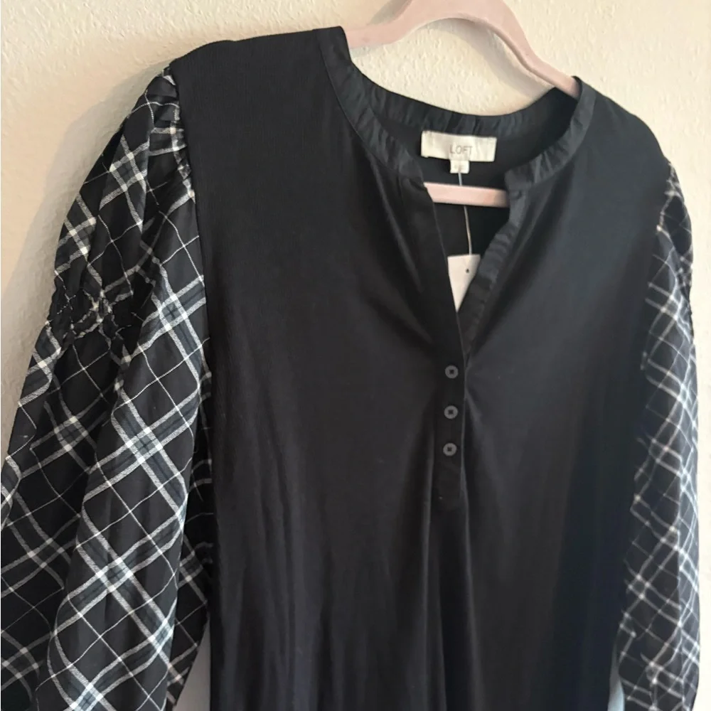 NWT LOFT Mixed-Media Blouse Split-Neck Puff-Sleeve Women’s XL Black Ribbed Plaid
